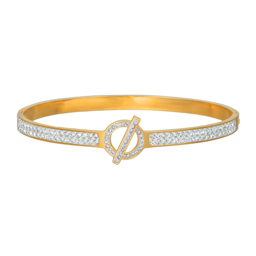 Minimalist Geometric Round Titanium Steel Plated Rhinestone Open Cuff Bracelet for Women