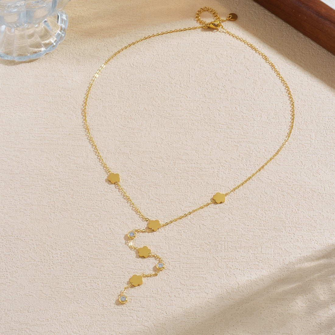 Gold Plated Rhinestone Inlaid Floral Stainless Steel Pendant Necklace with Tassel for Women