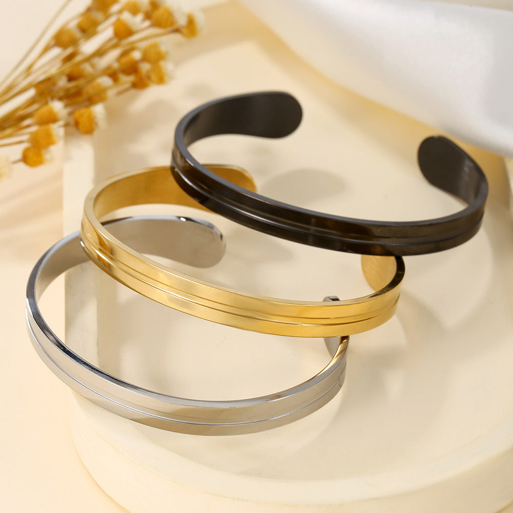 Men's Geometric Round Polished Plated Stainless Steel C-Shape Open Cuff Bracelet