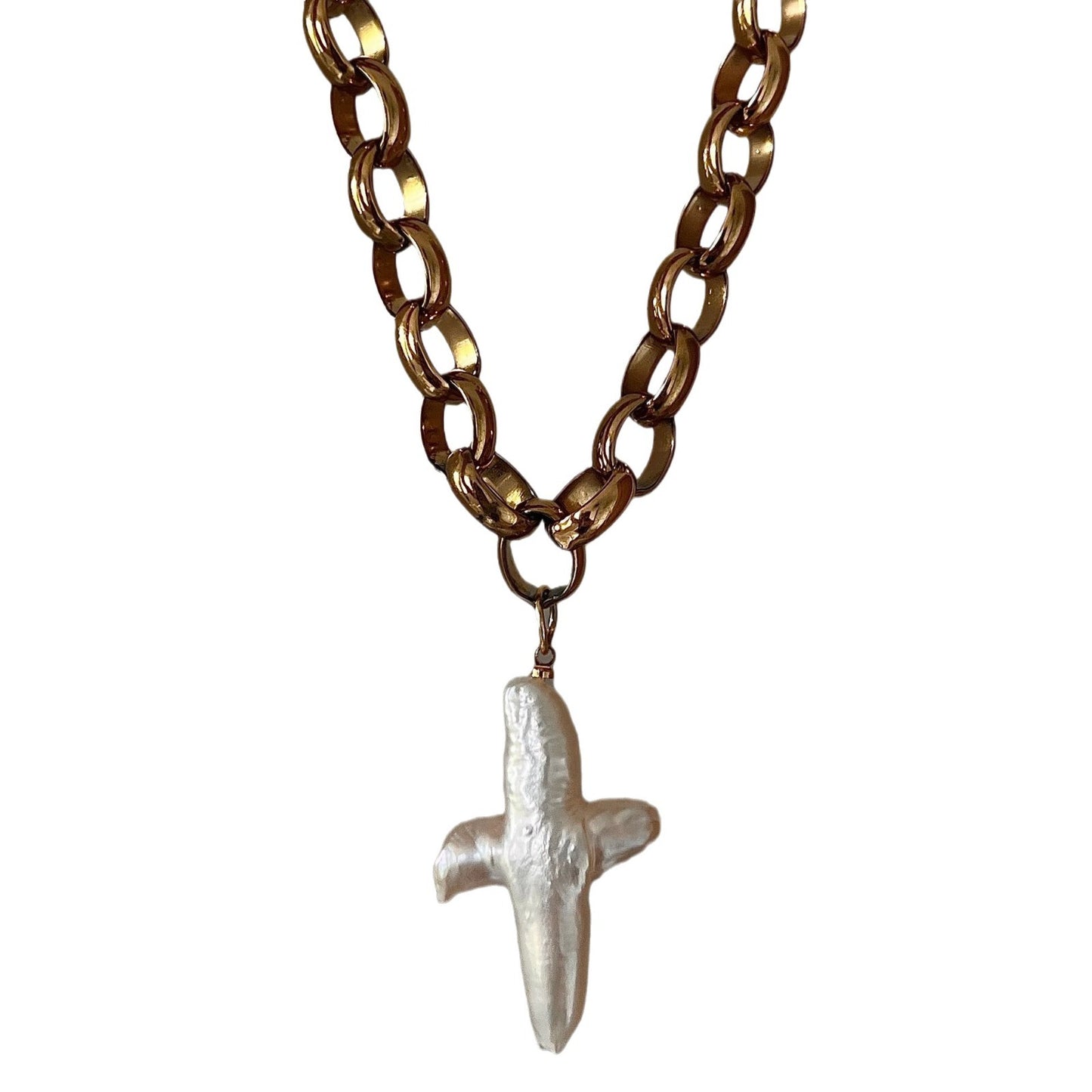 Vintage Baroque Pearl Cross Necklace with Rhinestone Inlay for Women