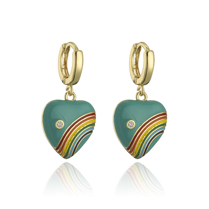 Vintage Drip Oil Rainbow Heart Geometric Brass 18K Gold Plated Micro-set Cubic Zirconia Earrings for Women