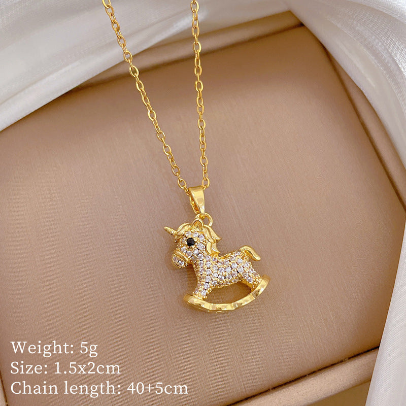 Sweet Geometric Moon Rhinestone Plated Titanium Steel Necklace with Brass Pendant Cable Chain for Unisex