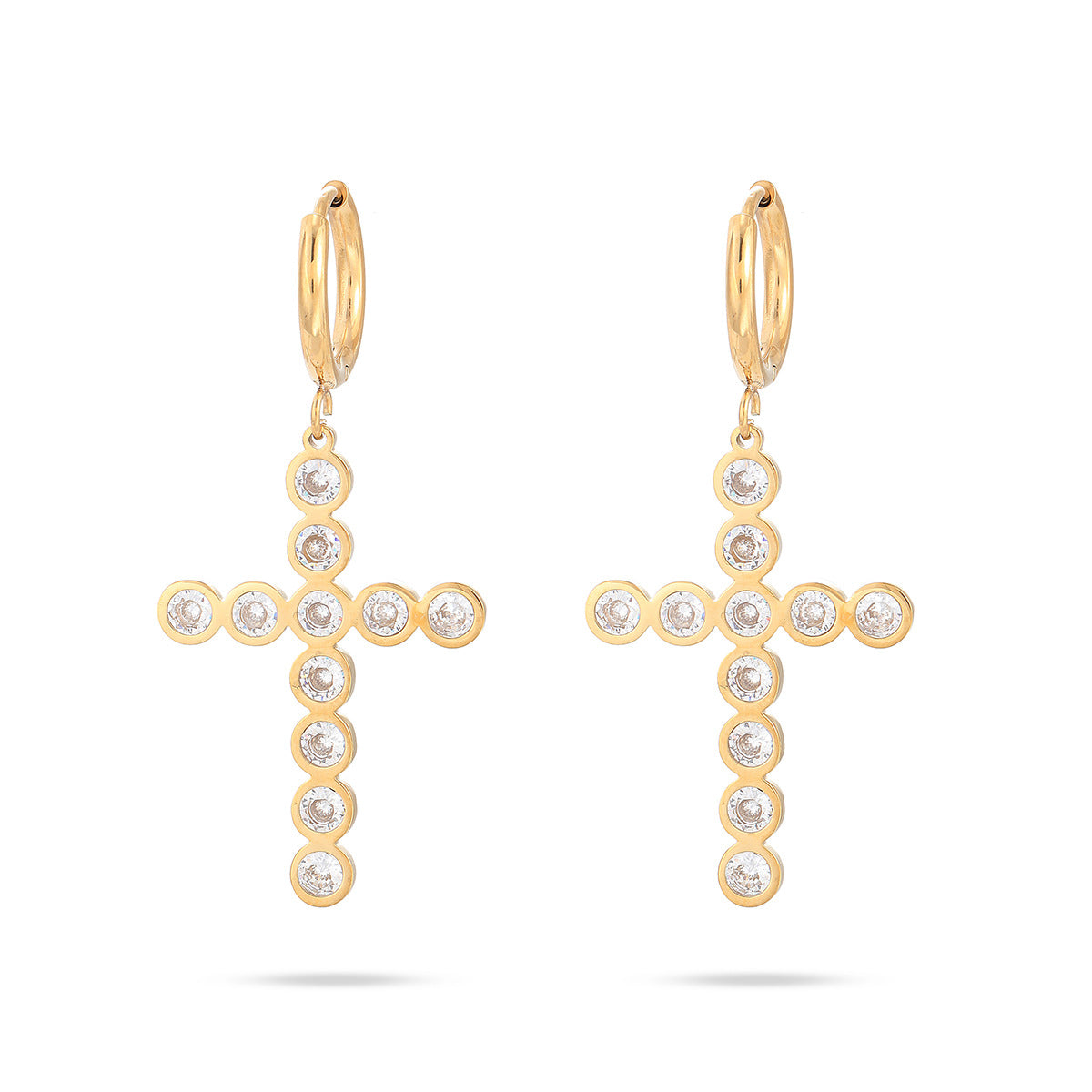 Elegantes pendientes de acero inoxidable con forma de cruz para mujer, con acabado chapado e incrustaciones de pedrería de colores