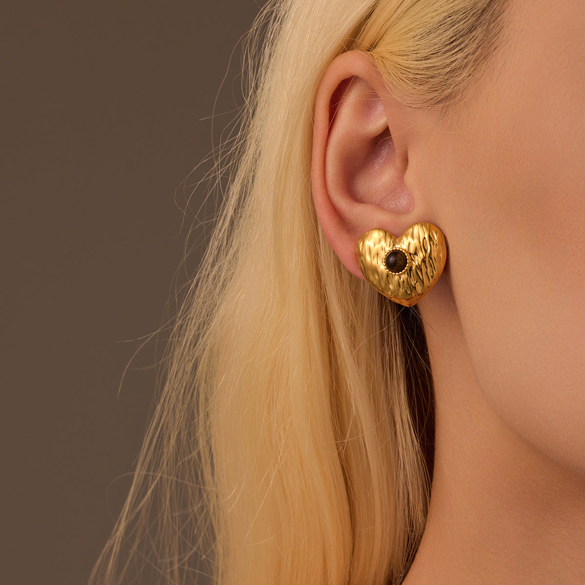 Pendientes de Acero de Titanio con Forma de Corazón Estilo Vintage con Incrustaciones de Piedra Natural y Baño de Oro de 18K