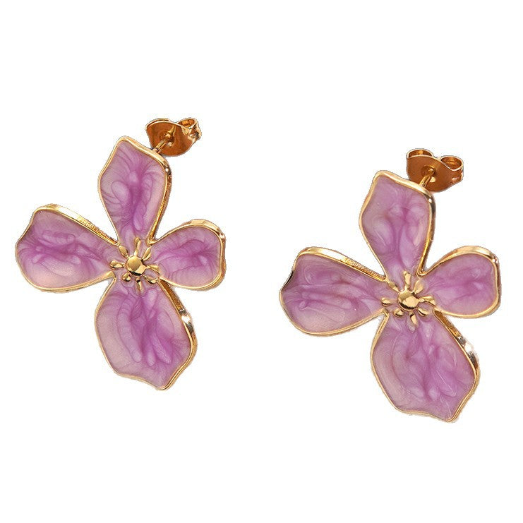 Elegant Drip Oil Floral Stainless Steel Necklace and Earring Set for Women