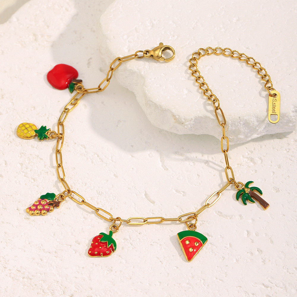 Fashion Fruit-Shaped Stainless Steel Plated 18K Gold Pendant Necklace and Bracelet Set for Women