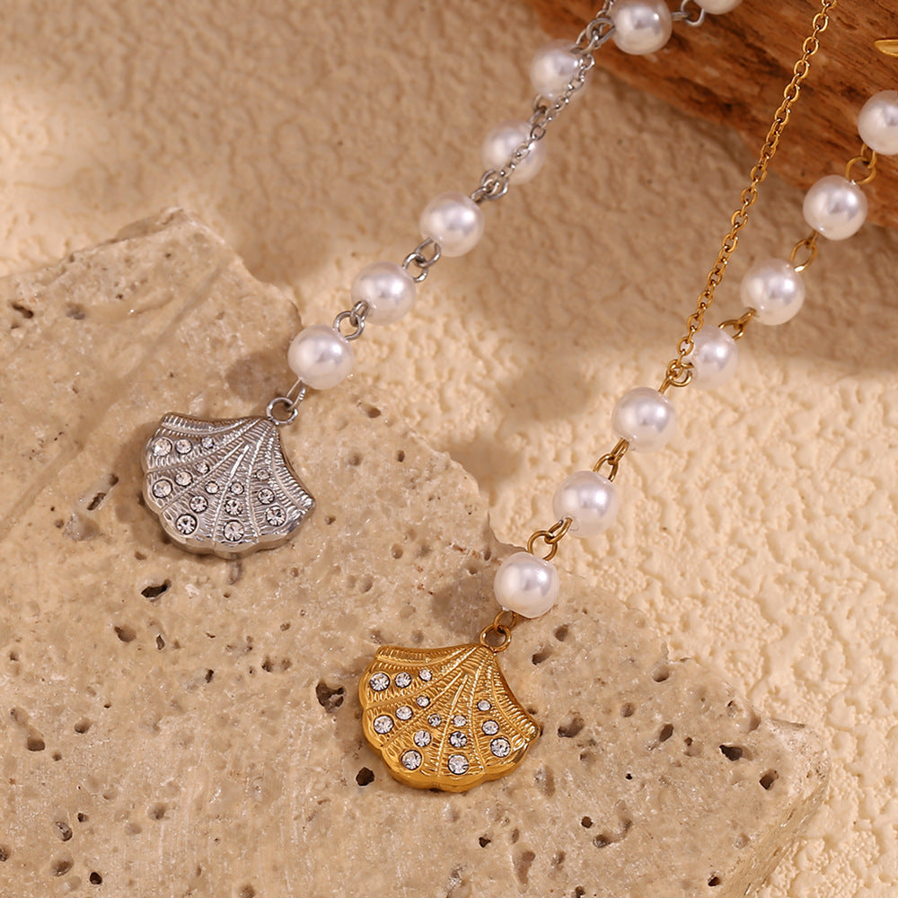 Vintage Fashion Asymmetrical Seashell Pendant Necklace for Women Stainless Steel with 18K Gold Plating and Micro-Pavé Rhinestone Accents