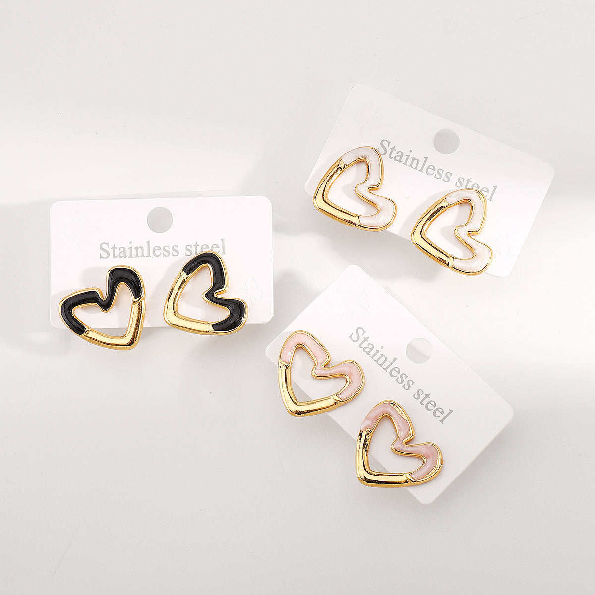 Retro Minimalist Heart-Shaped Stainless Steel Earrings with Enamel Finish for Women
