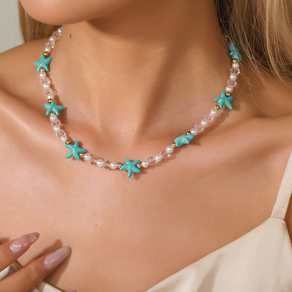 Bohemian Turquoise Starfish Pearl Crystal Necklace
