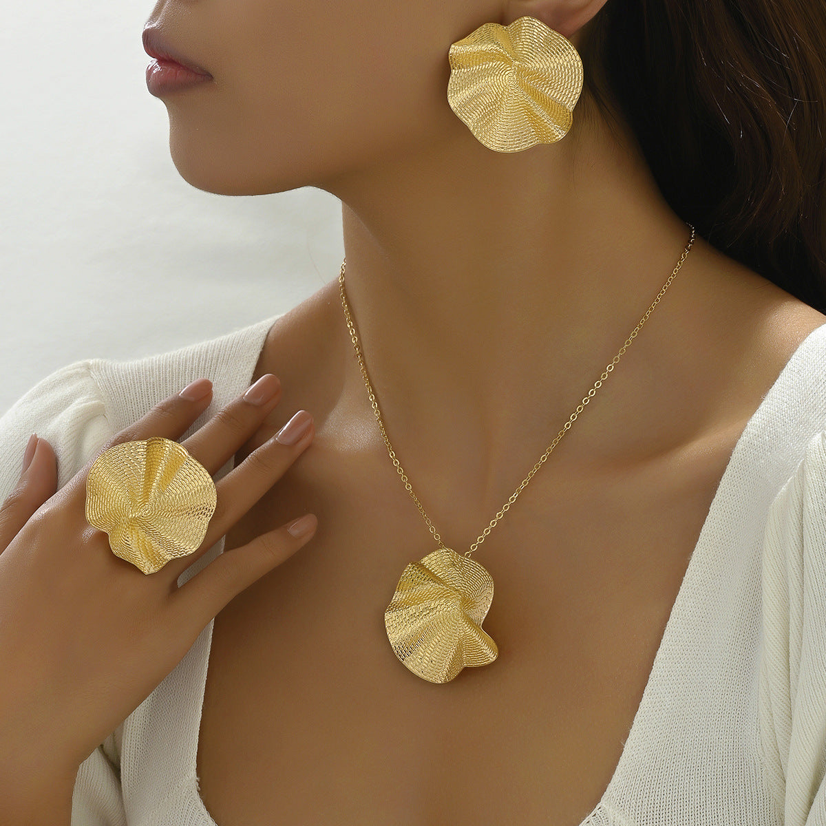 Juego de Collar, Anillo y Pendientes Rústicos Florales con Hojas Volantes de Aleación con Galvanoplastia para Mujer