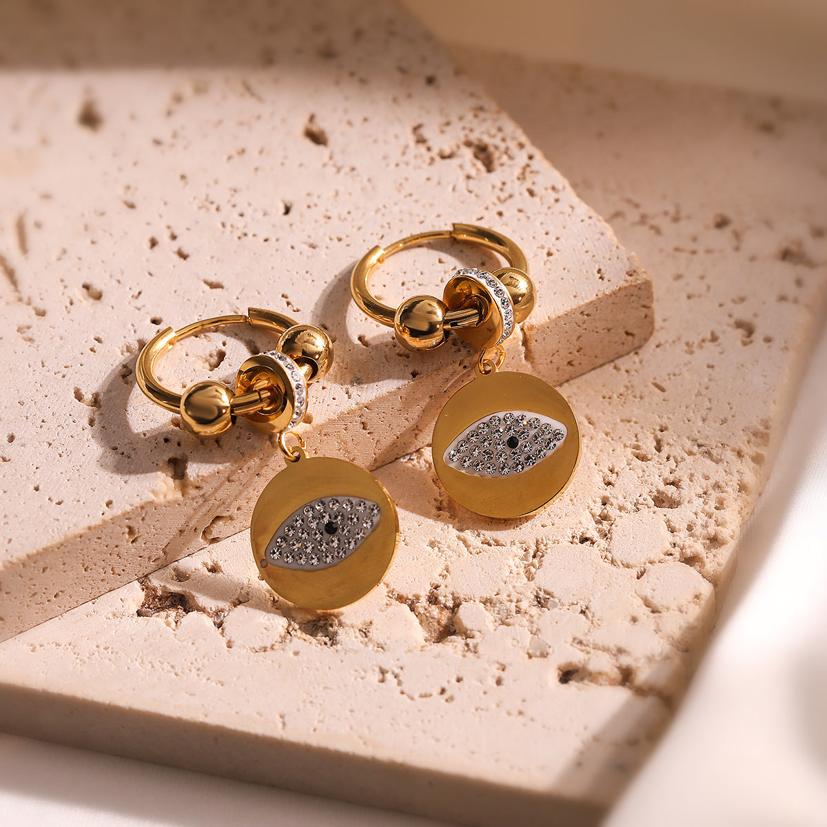 Minimalist Geometric Titanium Steel Earrings with Gold Plating and Zircon Evil Eye Design for Women