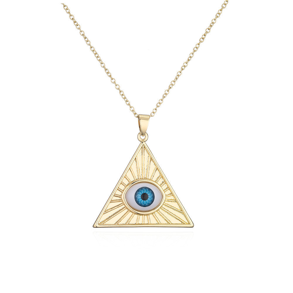 Punk Hip-hop Streetwear 18K Gold Plated Geometric Inlay Cubic Zirconia Eye Pendant Necklace with Cable Chain