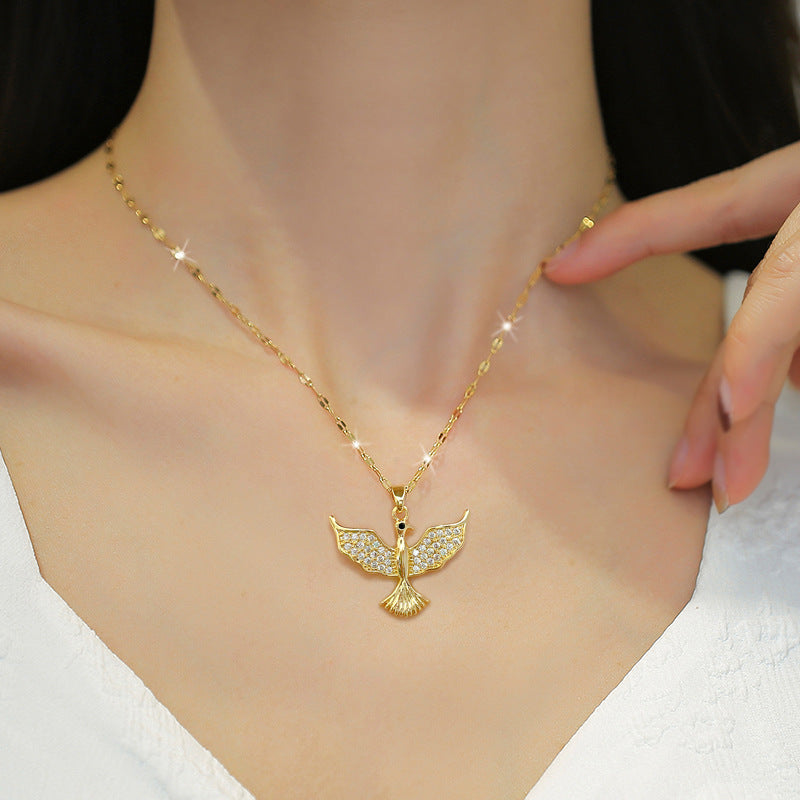 Elegant Geometric Bird Pendant Necklace for Women Stainless Steel Chain with Full Rhinestone Accents Lightweight Delicate Clavicle Chain