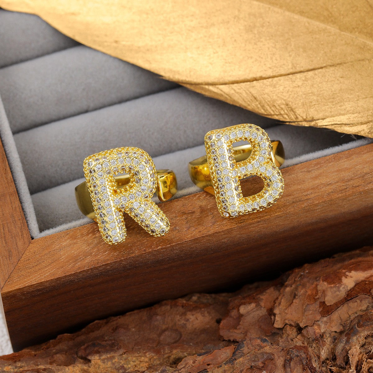 Sweet Plated Brass Letter Ring with Cubic Zirconia Adjustable Open Ring for Women and Men