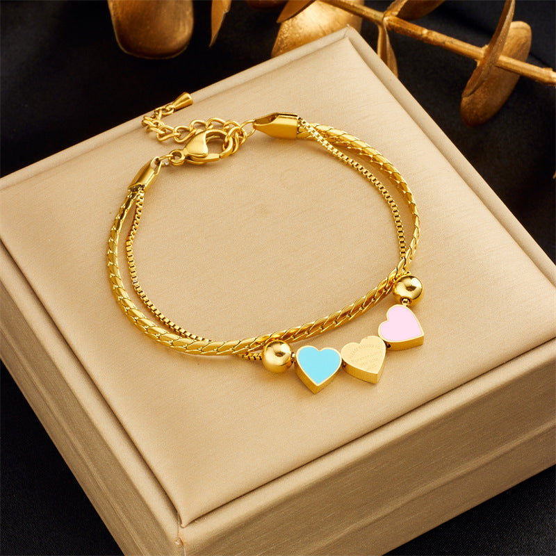 Fashionable Minimalist Heart-Shaped Titanium Steel Bracelet with Dual-Layer Chain Design and Enamel Coloring