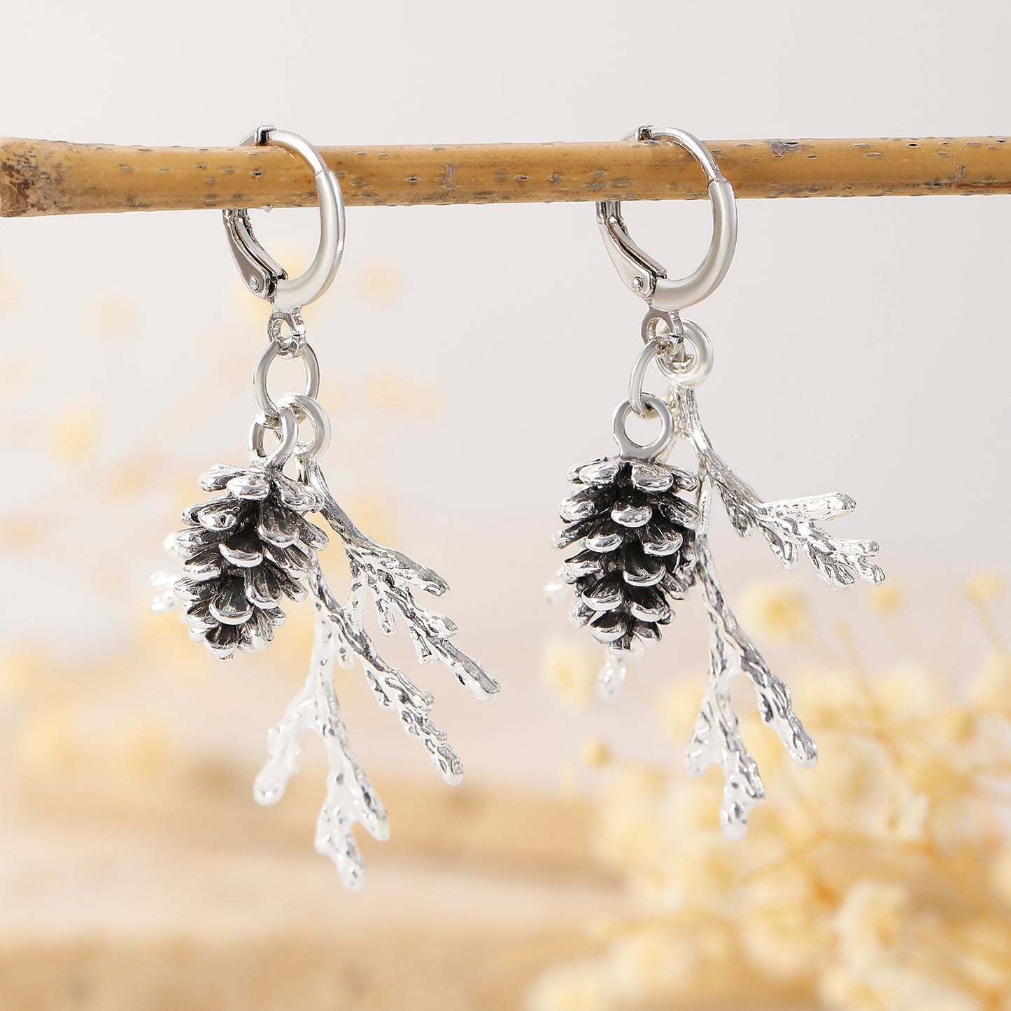 Vintage-Inspired Pine Branch and Pinecone Earrings in Alloy with Gold Plating for Women