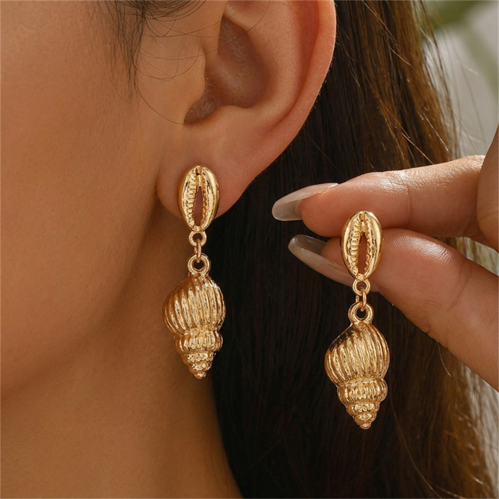 Vintage Geometric Starfish Shell Conch Pattern Plated Alloy Earrings for Women
