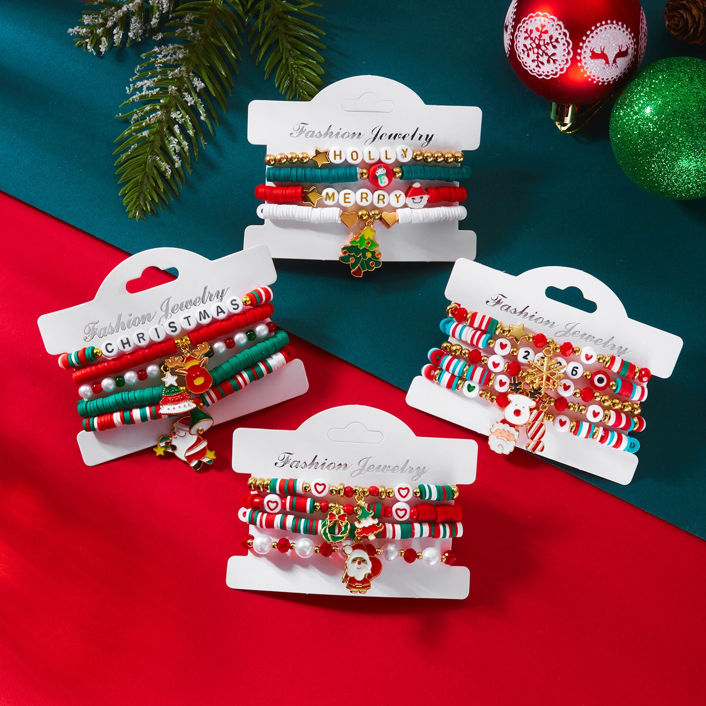 Handmade Alloy Christmas Tree Snowflake Santa Pendant Bracelet Set for Women with Festive Holiday Theme