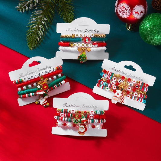 Conjunto de pulseras de aleación hechas a mano con colgantes de árbol de Navidad, copo de nieve y Papá Noel para mujer con temática festiva navideña