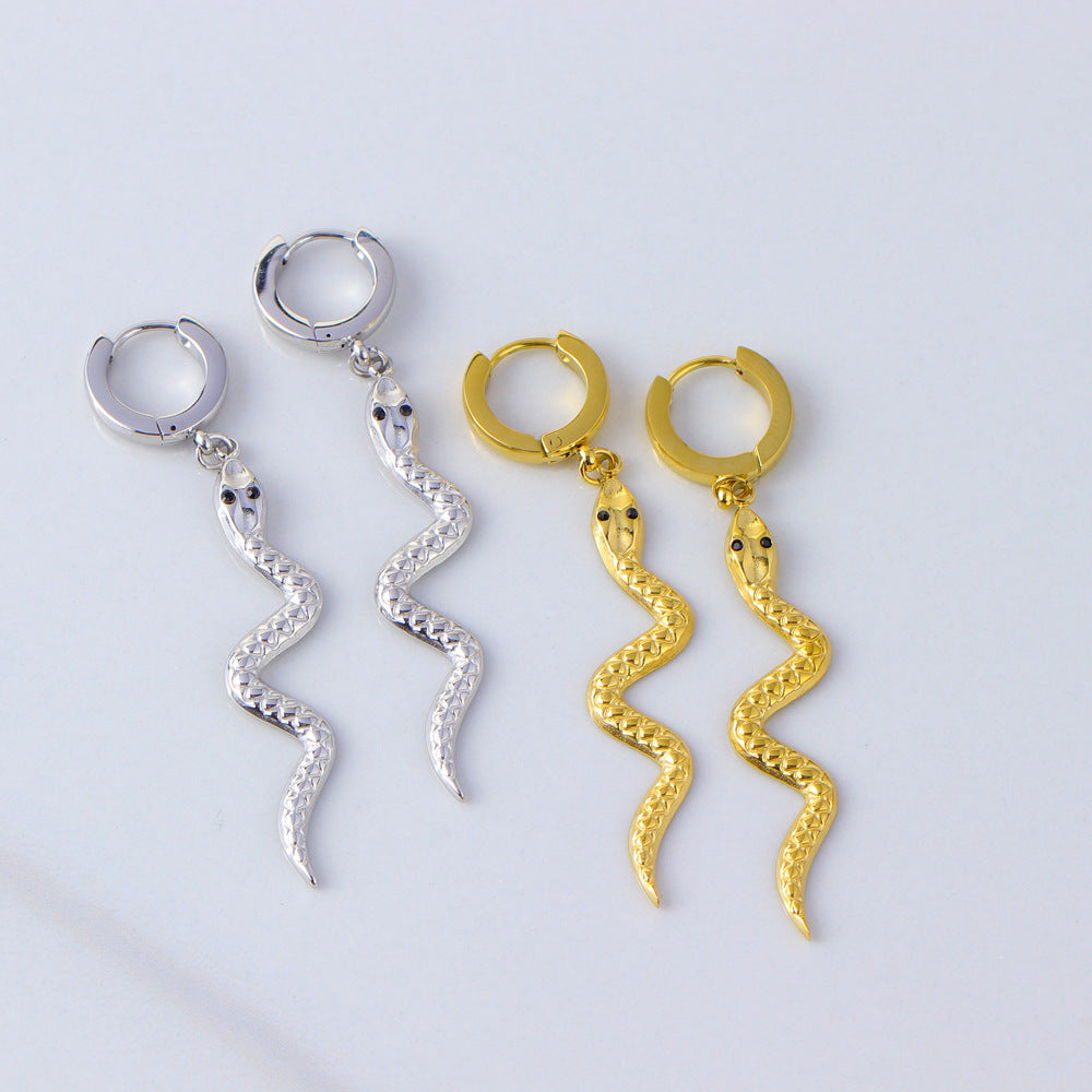 Fashionable Snake-Shaped Stainless Steel Earrings for Women with Gold Plating, Long Length to Complement Facial Features