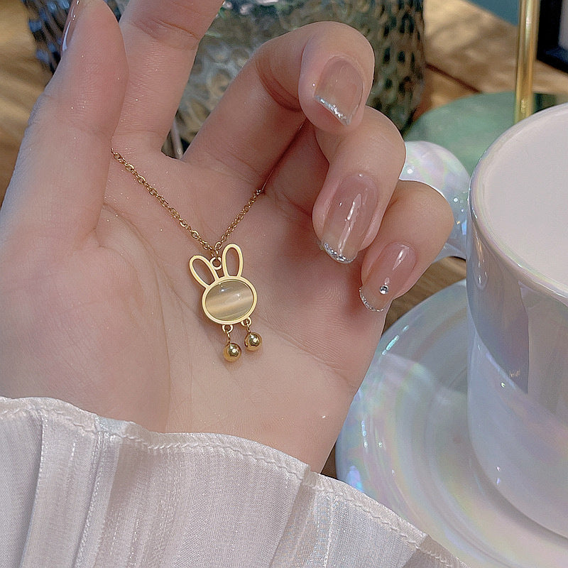 Cute Rabbit Pendant Necklace in Titanium Steel with Plated Finish for Women, Minimalist Clavicle Chain with Animal Design