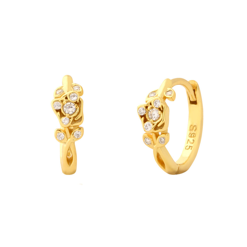 Pendientes Retro Florales con Forma de Rosa de Plata de Ley S925 con Incrustaciones de Diamantes de Imitación para Mujer