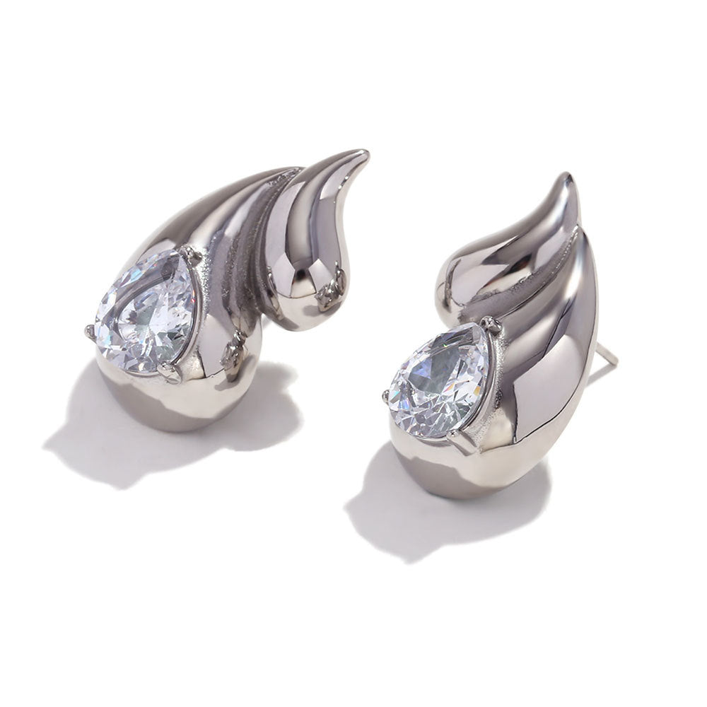 Fashionable OL Style Floral Petal Shaped Stainless Steel 18K Gold Plated Dangle Earrings with Cubic Zirconia and Enamel Finish