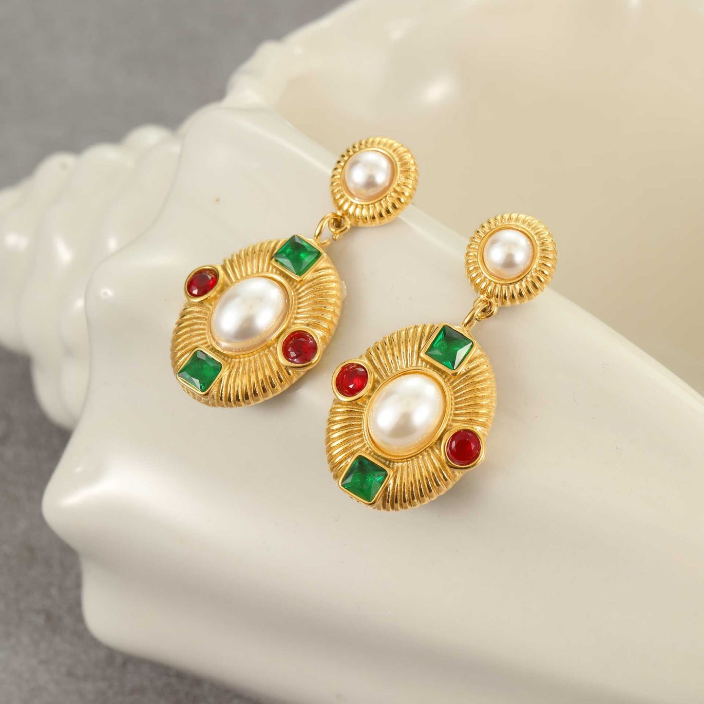 Vintage Geometric Stainless Steel Earrings with 18K Gold Plating, Pearl and Zircon Inlay for Women