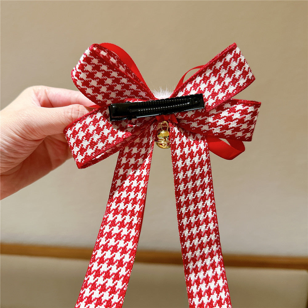 Pinza para el pelo roja para niñas con estampado de pata de gallo, lazos y cintas, de tela, forma geométrica, para edades de 3 a 10 años