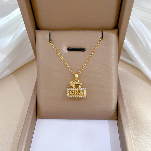 Floral Bag-Shaped Elegant Rhinestone Pendant Necklace for Women with Titanium Steel Chain in Geometric Design