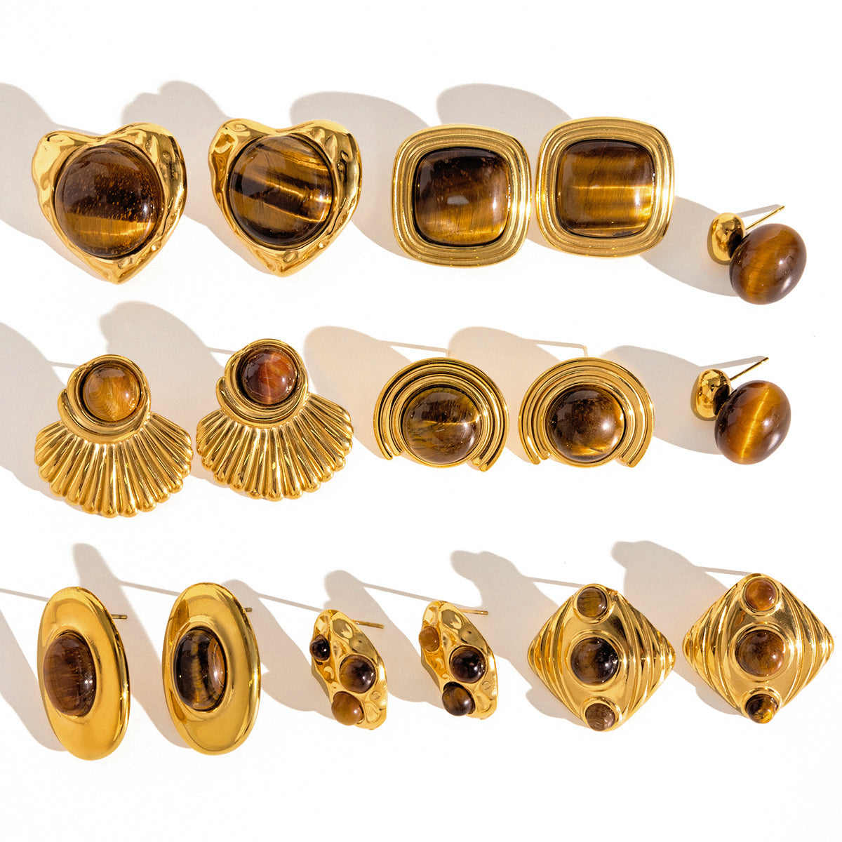 Pendientes de tuerca de acero de titanio geométricos minimalistas con incrustaciones de ojo de tigre para mujer, chapado al vacío PVD en oro, estilo de aro de lujo a la moda