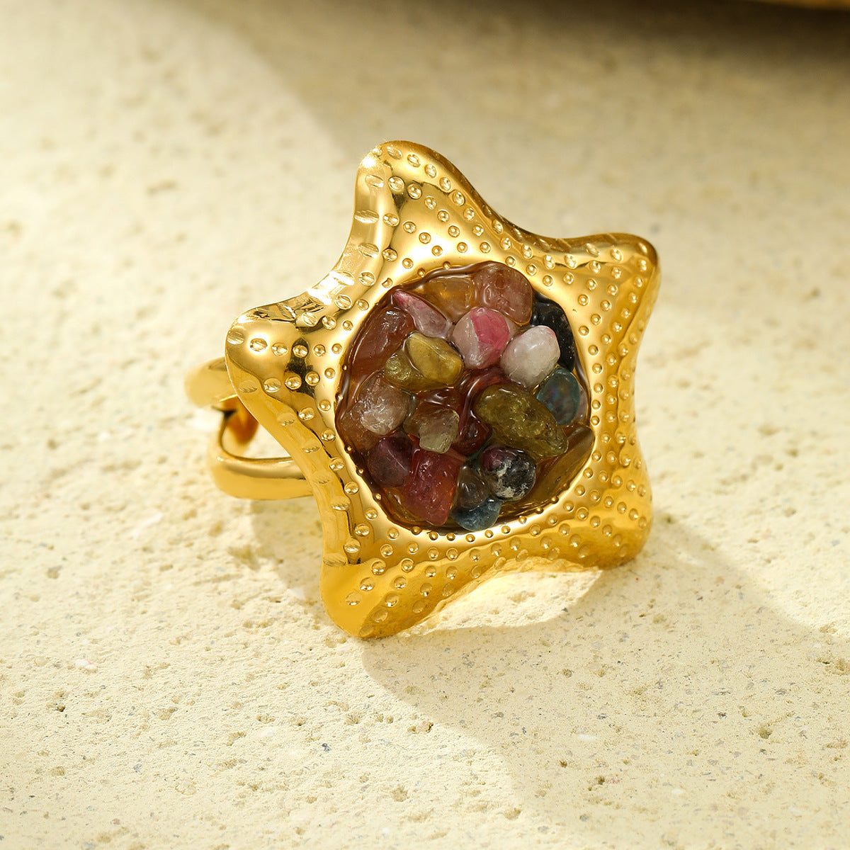 Elegante Anillo de Acero Inoxidable con Forma de Estrella, Inspiración Francesa y Minimalista, con Incrustaciones de Piedras Naturales para Mujer