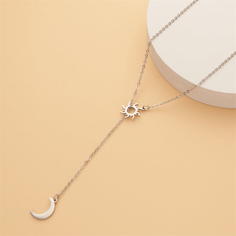 Minimalist Geometric Sun and Moon Pendant Necklace for Women in Stainless Steel with Titanium Steel Pendant and Plated Finish on O-Chain