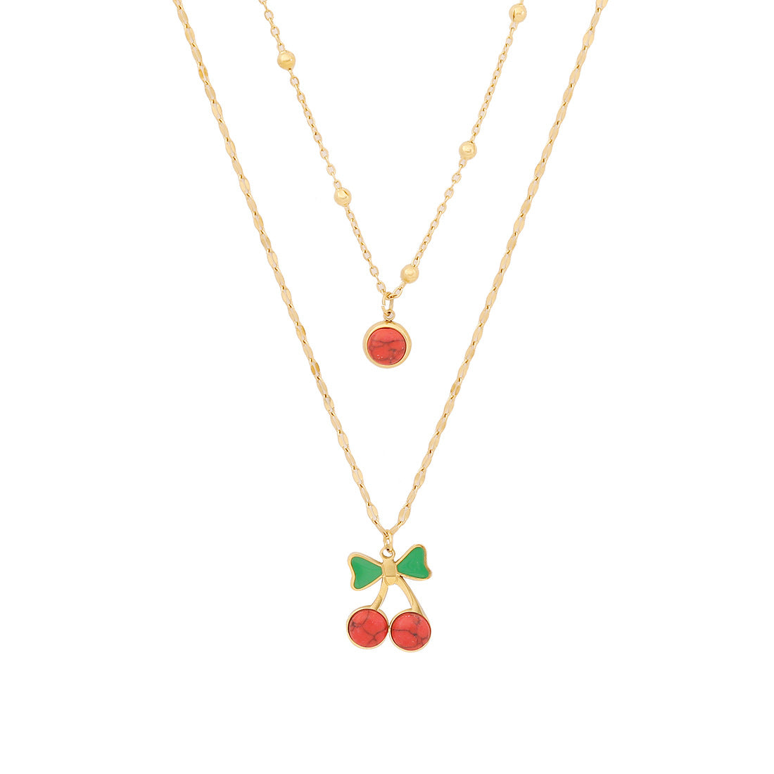 Cherry-Shaped Pendant Necklace in Stainless Steel with Plated Finish, Fashionable Double-Layer O-Chain for Women
