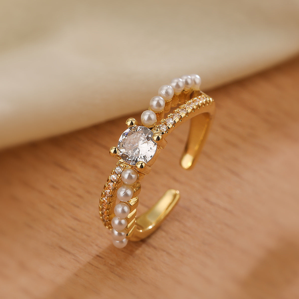 Minimalist Geometric Open Ring for Women Made of Brass with Real Gold Plating and Zircon Inlay and Pearl Accent