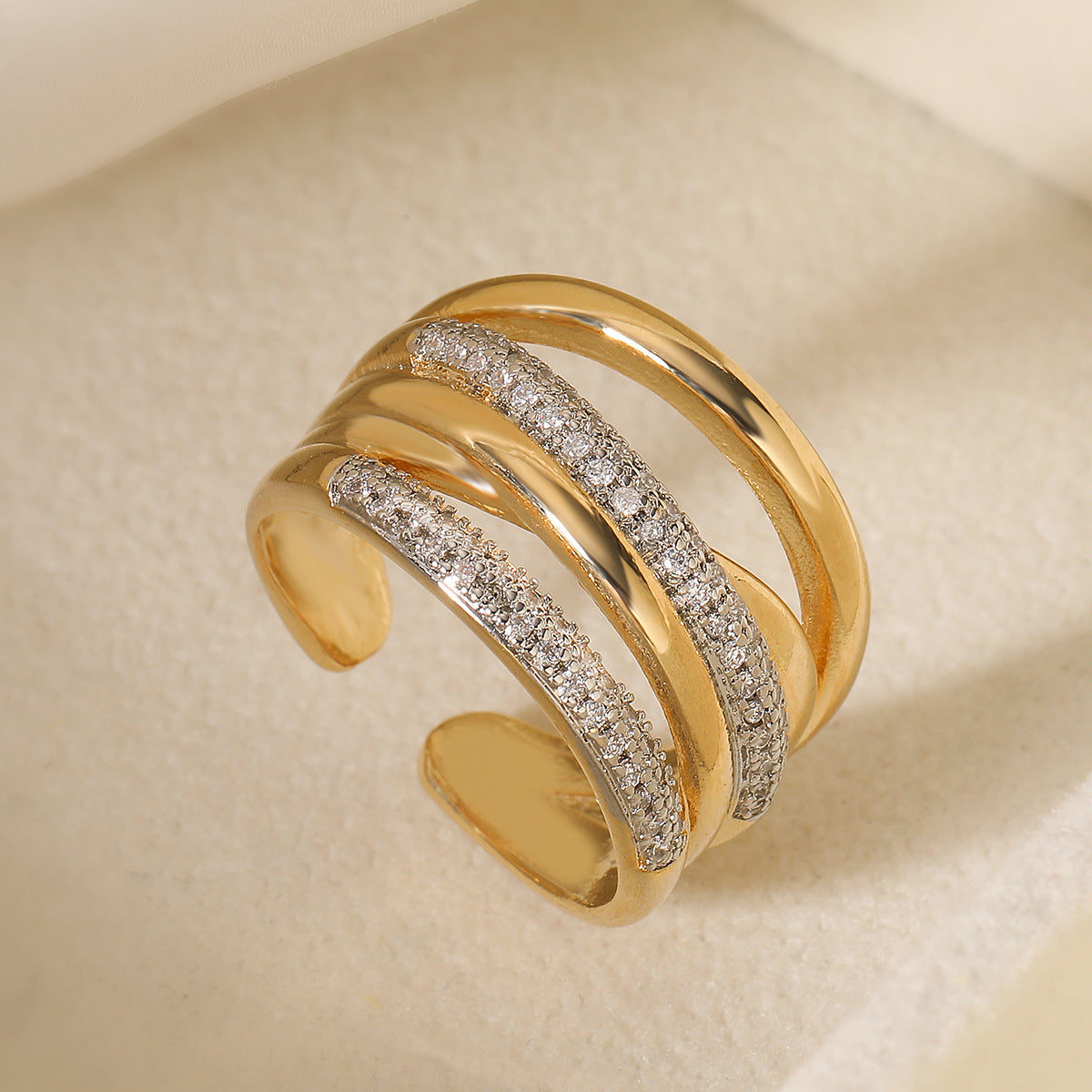 Minimalist Geometric Open Ring for Women in Brass with Micro-Paved Zirconia, Vintage-Inspired Fashion Accessory