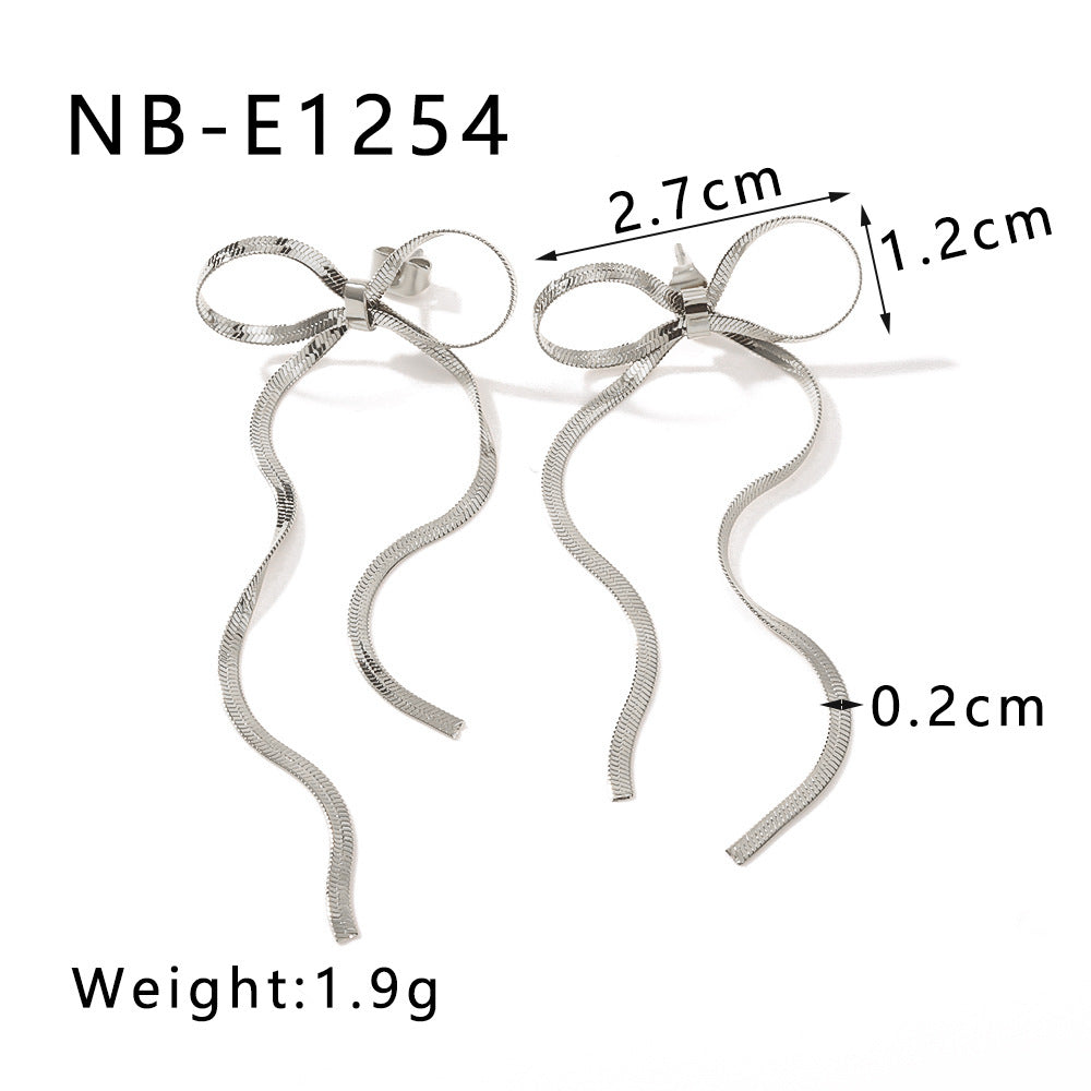 Fashion Bow-Shaped Tassel Long Earrings in Stainless Steel with 18K Gold Plated Snake Chain for Women