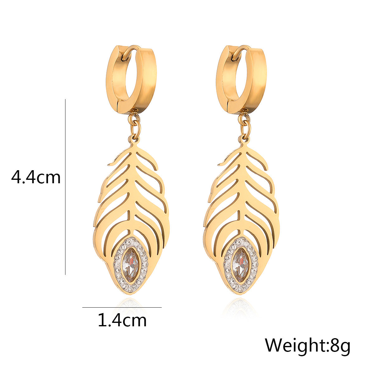 Vintage-Style Feather-Shaped Titanium Steel Earrings for Women with Real Gold Plating and Zircon Inlay