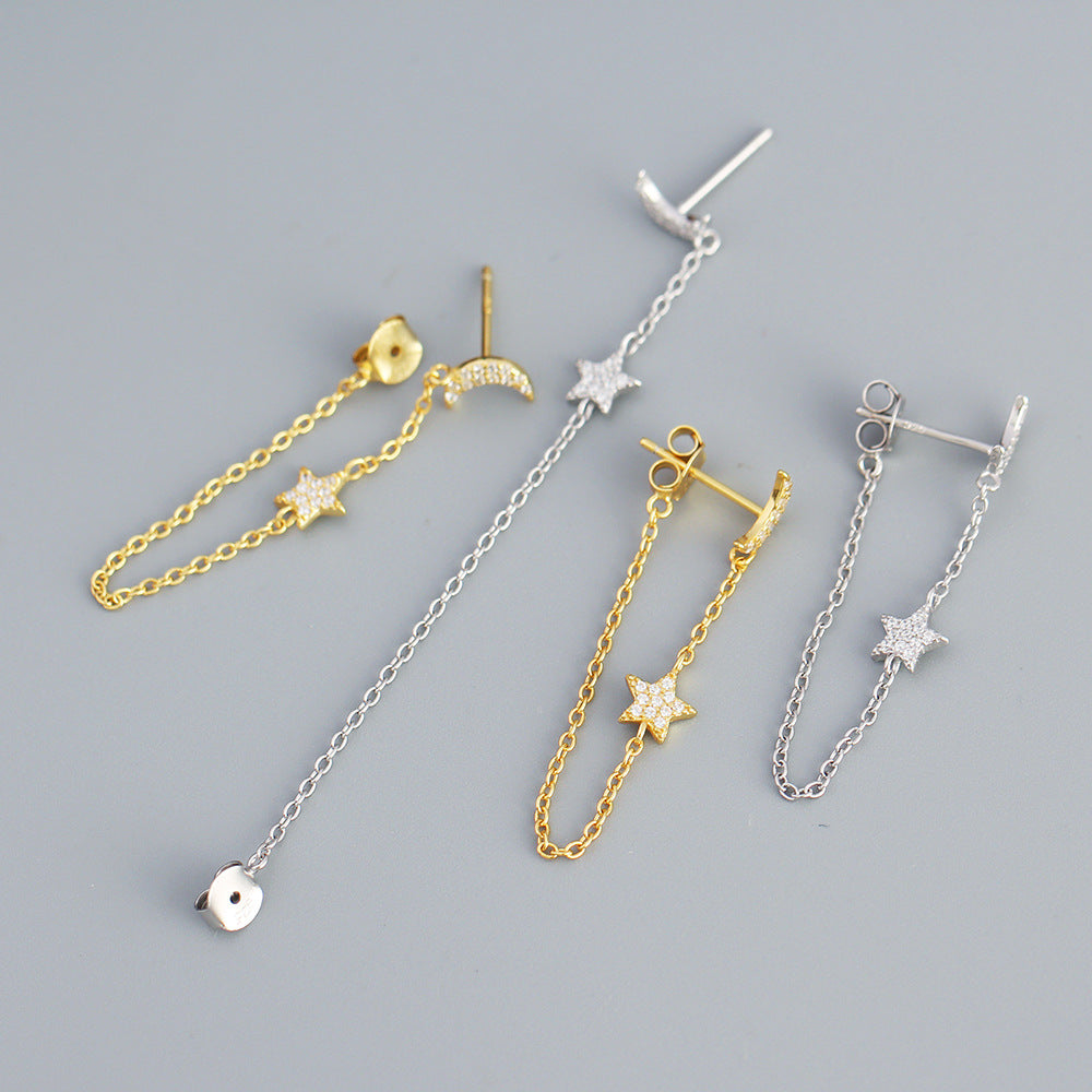 Orecchini in Argento Sterling 925 a Stella e Luna Geometrici con Inlay di Zirconi Cubici e Nappa a Catena Pendente