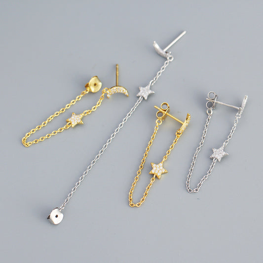 Dulces aretes de plata de ley 925 con forma de estrella, luna, geométrica, circonita cúbica incrustada y cadena colgante trasera