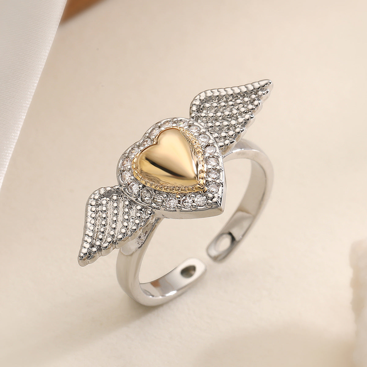 Minimalist Geometric Heart-Shaped Wing Ring for Women in Copper with Micro-Pave Zirconia Plating