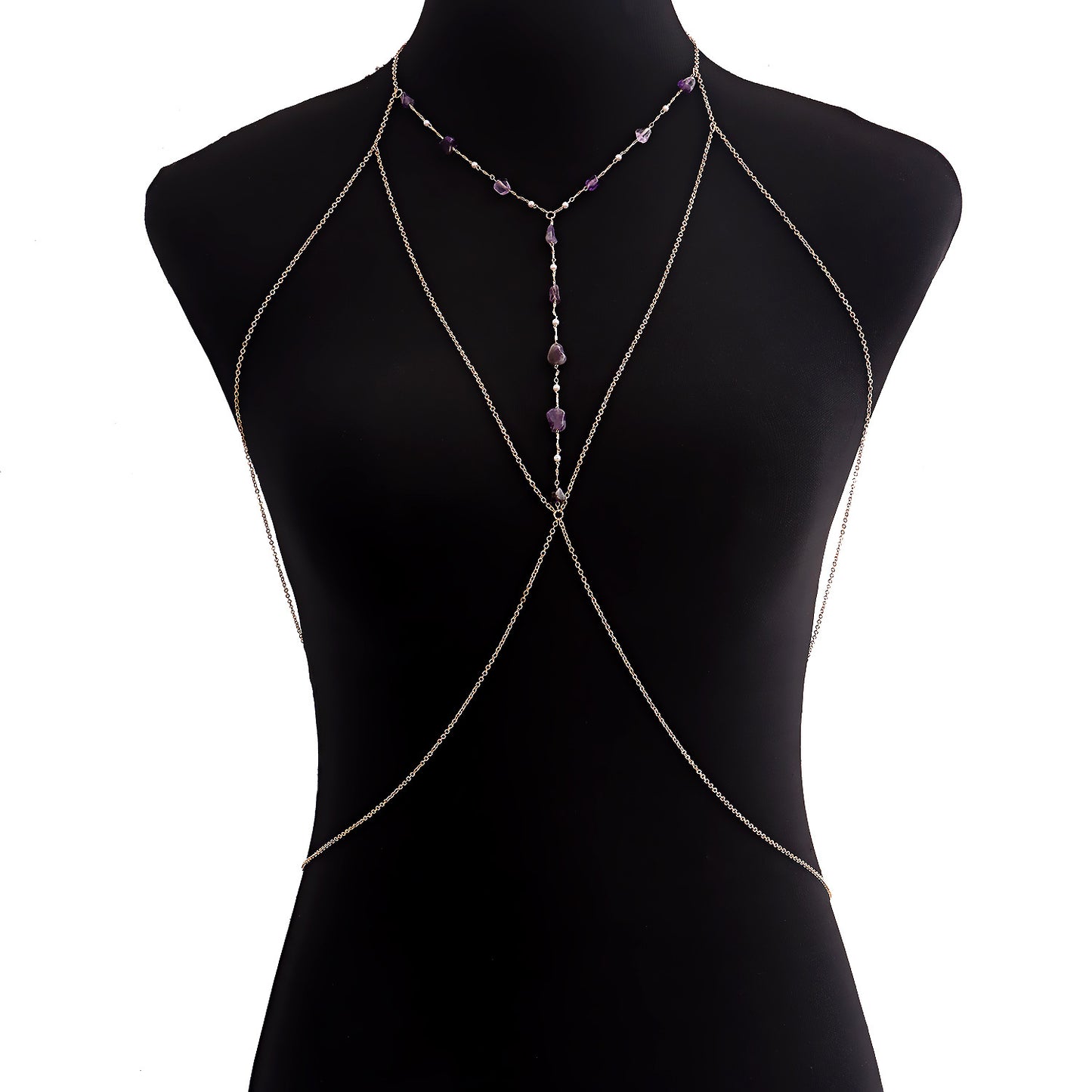 Collana a catena da corpo in turchese e viola minimalista da donna in lega placcata con finitura lucida