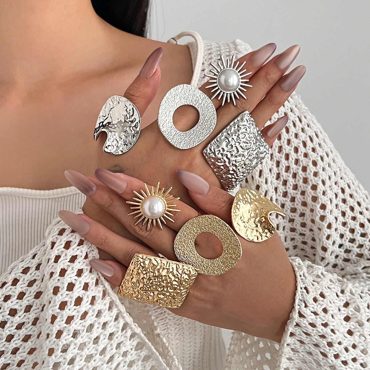 Stackable Geometric Square Floral Alloy Plated Ring Set for Women