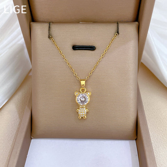 Collana Pendente Orso Minimalista in Acciaio al Titanio con Intarsio di Strass per Donne e Uomini, Catena Locket Regolabile