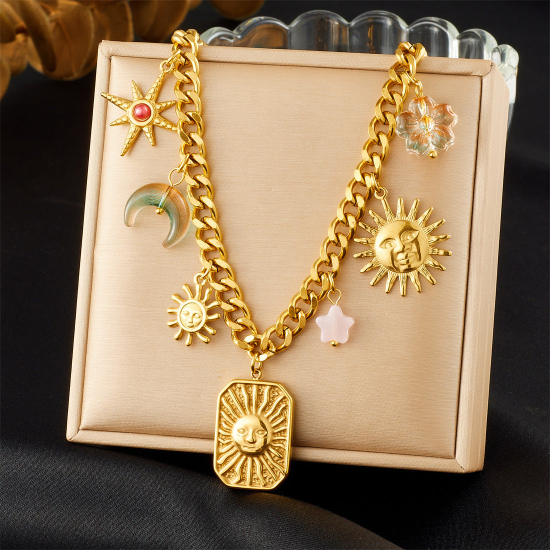 Fashion Gradient Acrylic Moon Star Flower Sun Gold Plated Stainless Steel Jewelry Set for Women