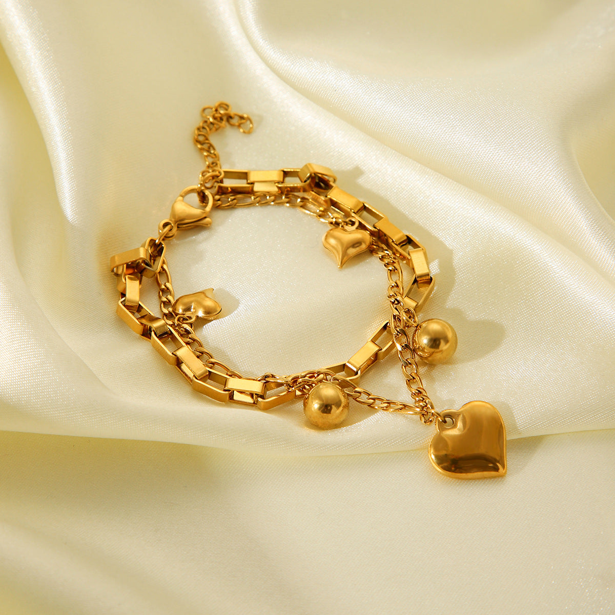 Elegante bracciale a catena da donna placcato oro 18 carati in acciaio inossidabile con ciondolo a doppio strato a forma di cuore