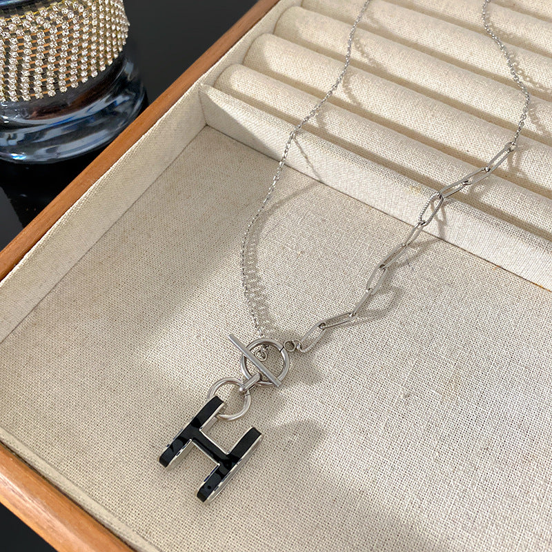 Sweet Streetwear Letter Square Titanium Steel PVD Pendant Necklace with Curb Chain for Unisex