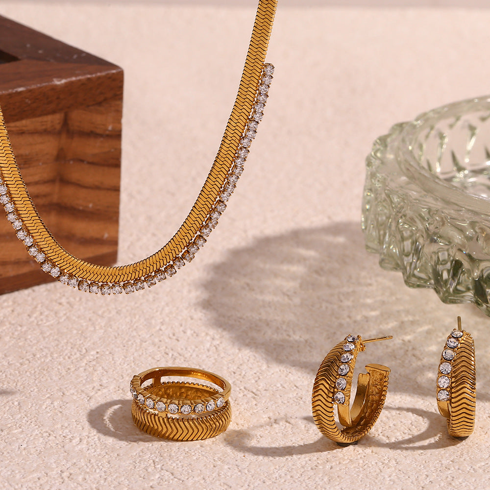 Minimalist Geometric Stainless Steel Plated 18K Gold Fishbone Texture Necklace Set with Ring and Earrings for Women
