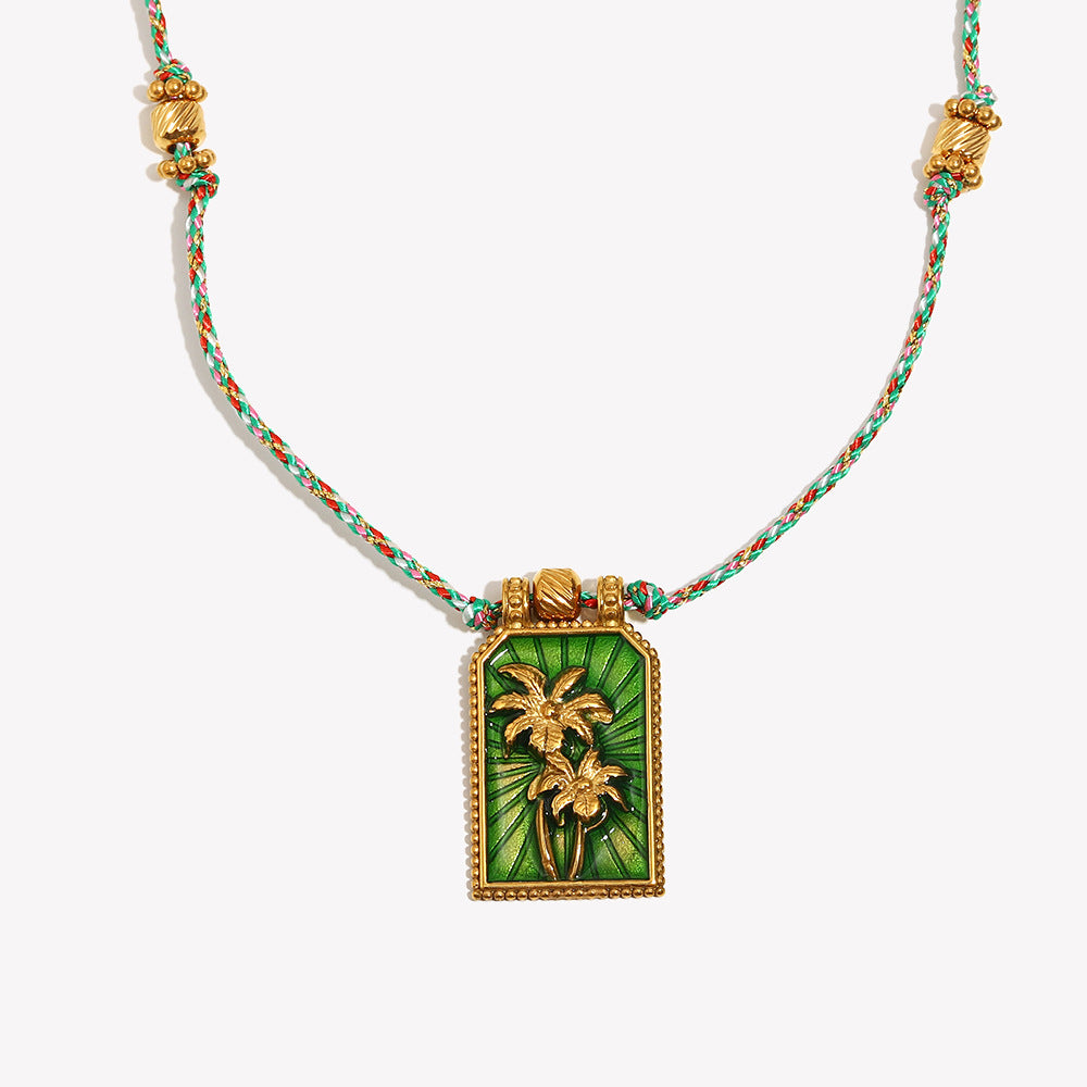 Minimalist Geometric Stainless Steel Plated 18K Gold Coconut Tree Tarot Pendant Necklace for Women with Enamel Detail and Colorful Braided Cord
