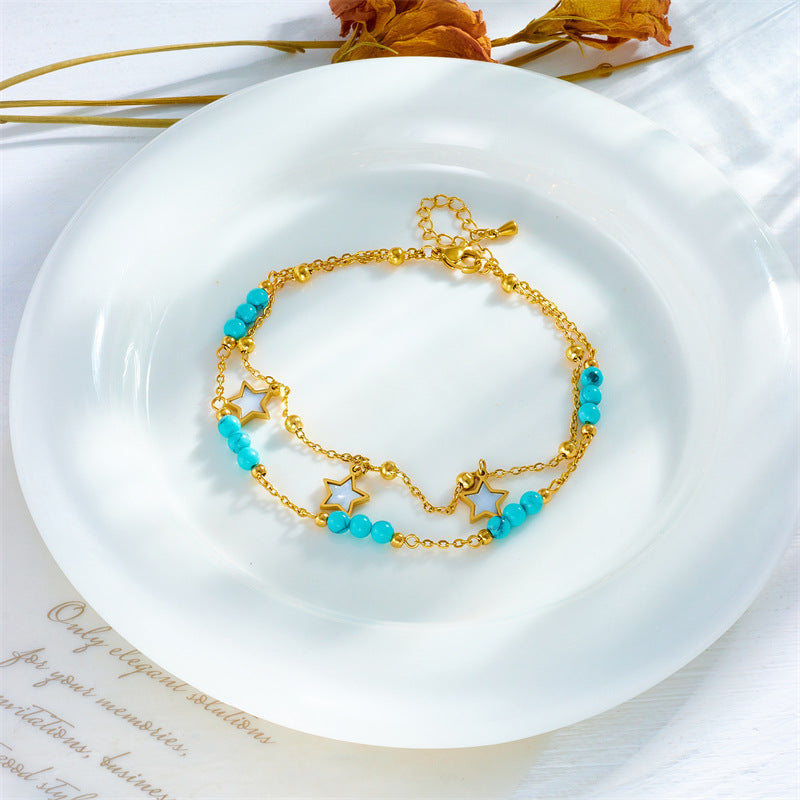 Fashion Retro Minimalist Stainless Steel Irregular Layered Anklet with Star Pendant and Beaded Chain